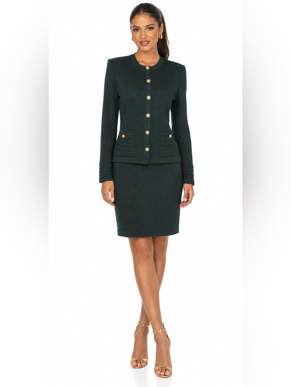 St John Collection Marie Gray Sz 6 Forest Green Knit Skirt Suit Gold Buttons